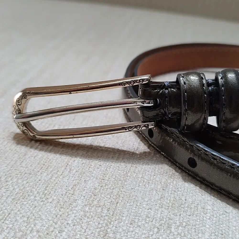 Brighton Thin Patent Leather Belt in Gunmetal Gray Silver Etched Buckle